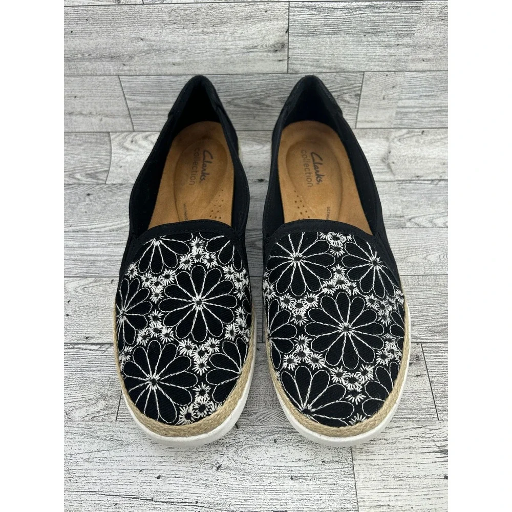 Clarks Collection Women Black Floral‎ Embroidered Slip On Espadrille Size 9.5M